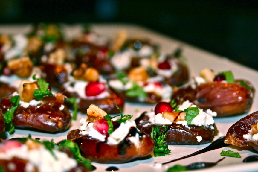 Dates Decked Out with Blue Cheese, Pomegranate, Walnut & Mint